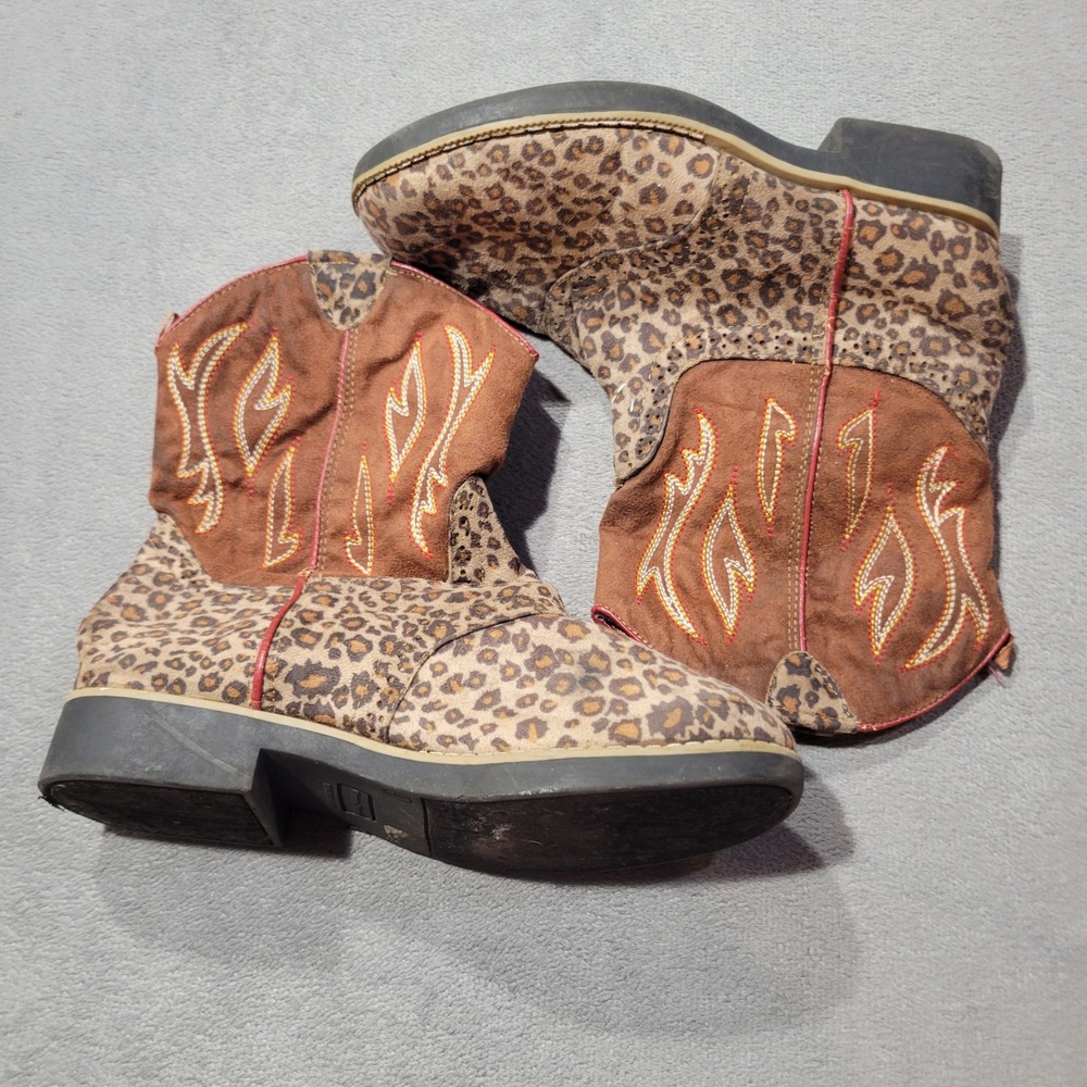 Faded Glory Cowboy Boots Girls 4 Brown Leopard Print Western Cowgirl GMFG4310024